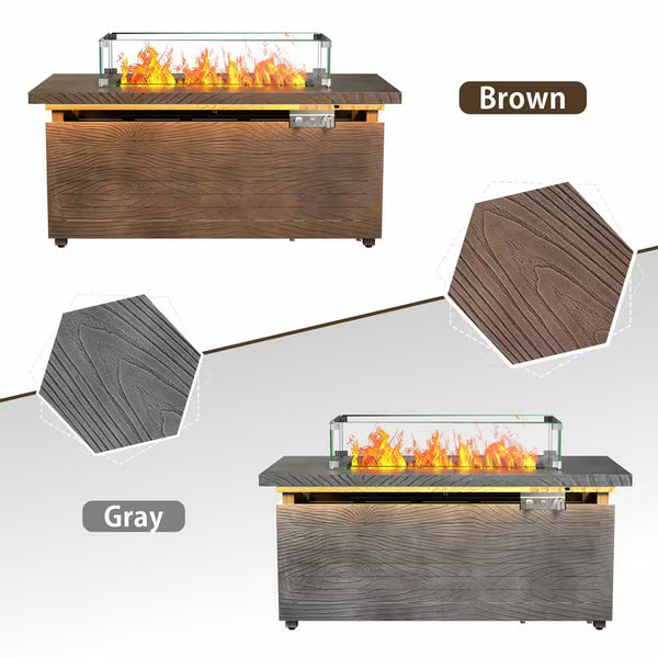 51 In. Retangular Fire Pit Table with Metal Table Top Outdoor Fire Pit Table in Brown Wood Grain