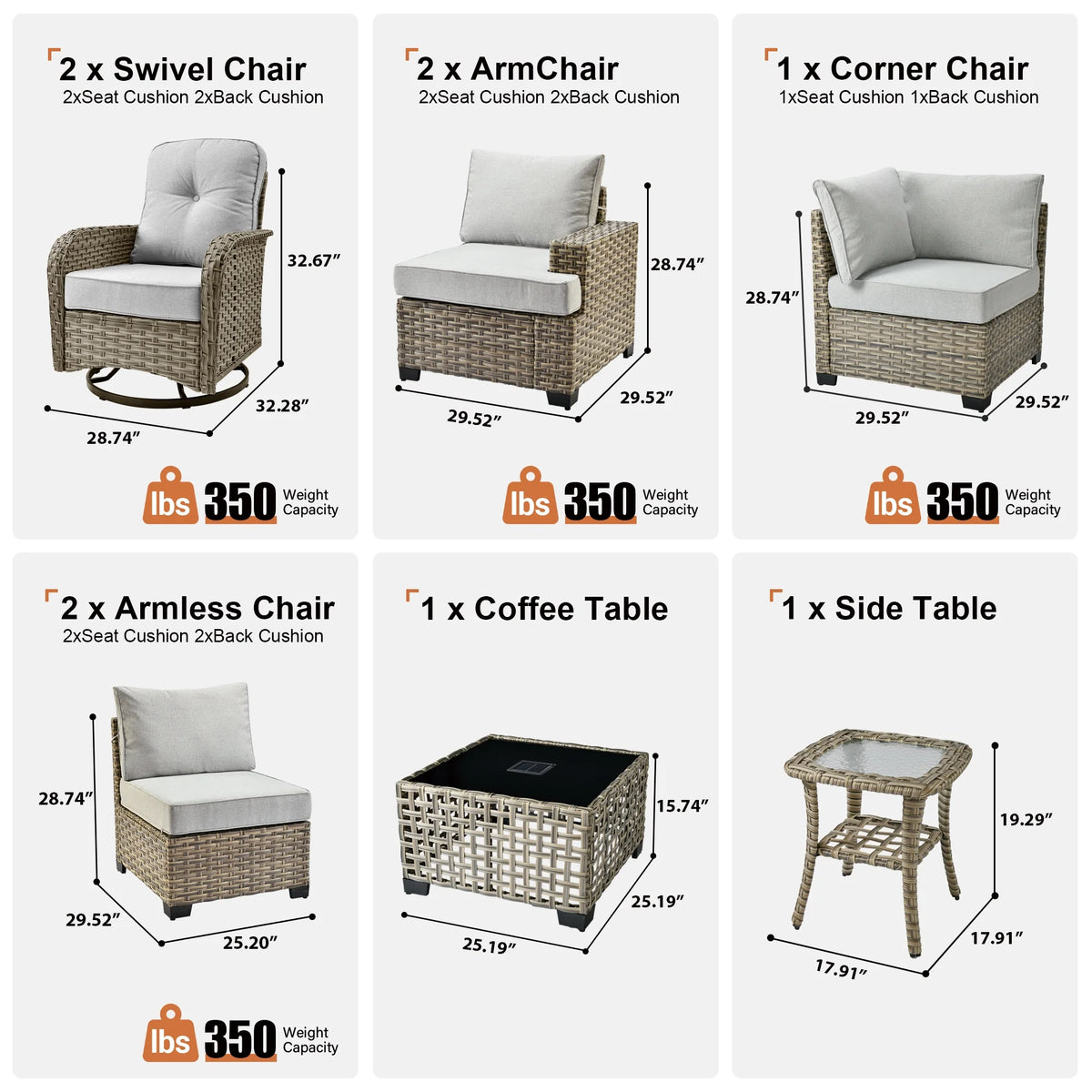 9 Pieces Patio Furniture Set outside Furniture Wicker Patio Conversation Set with Swivel Chairs, Outdoor Furniture for Garden, Gray