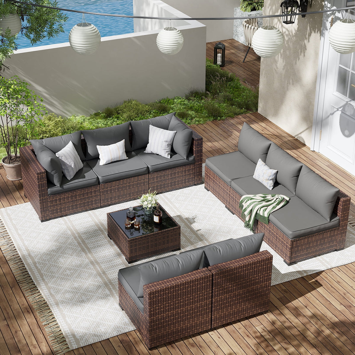 Patio Furniture Set, Outdoor Patio Furniture Wicker Furniture Couch Set, 9 Pieces Outdoor Sectional Sofa, Patio Furniture Set, Outdoor Patio Set for Porch Furniture (Grey)
