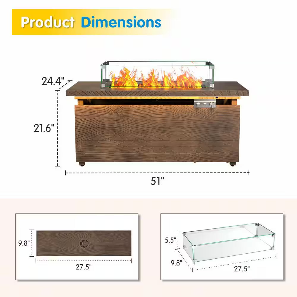 51 In. Retangular Fire Pit Table with Metal Table Top Outdoor Fire Pit Table in Brown Wood Grain