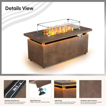 51 In. Retangular Fire Pit Table with Metal Table Top Outdoor Fire Pit Table in Brown Wood Grain