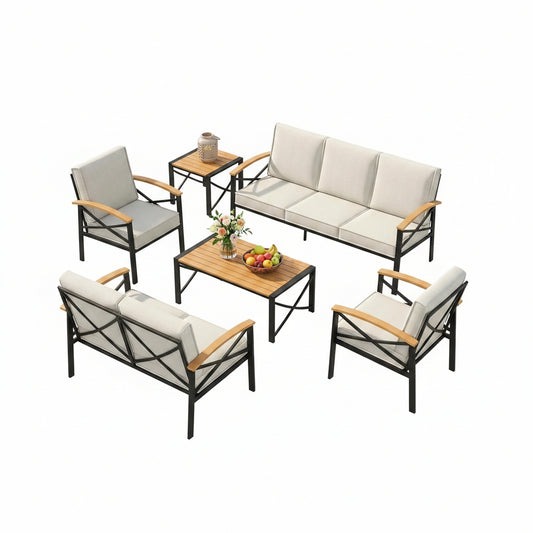 6-Piece Outdoor Patio Furniture Set for All-Weather, Heavy-Duty Metal outside Furniture with Washable Thick Cushions, Patio Sectional with Coffee Table for Patio, Deck, Backyard, Garden, Beige