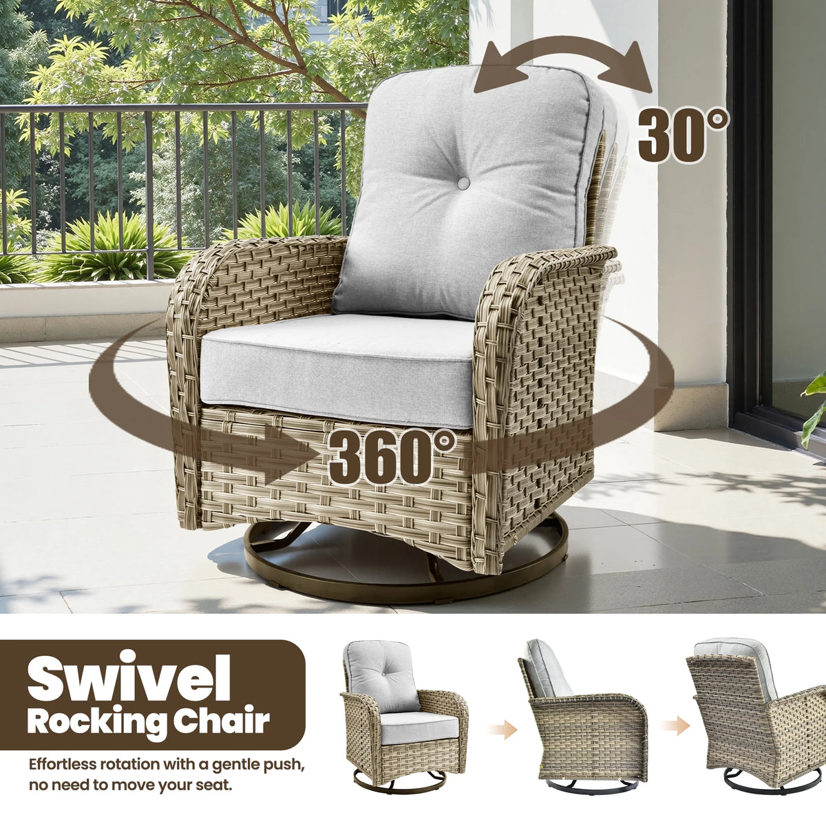 9 Pieces Patio Furniture Set outside Furniture Wicker Patio Conversation Set with Swivel Chairs, Outdoor Furniture for Garden, Gray