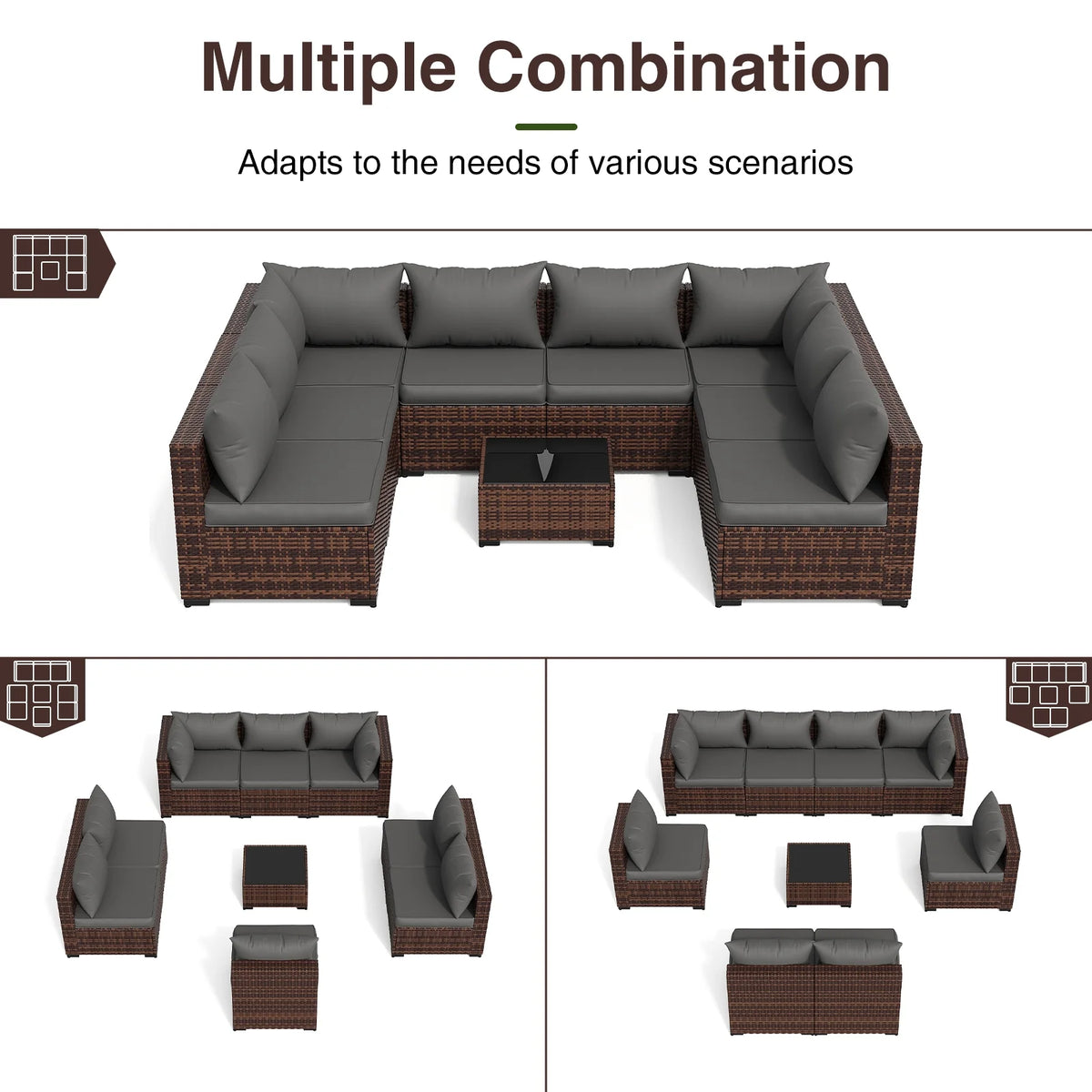 Patio Furniture Set, Outdoor Patio Furniture Wicker Furniture Couch Set, 9 Pieces Outdoor Sectional Sofa, Patio Furniture Set, Outdoor Patio Set for Porch Furniture (Grey)