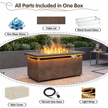 51 In. Retangular Fire Pit Table with Metal Table Top Outdoor Fire Pit Table in Brown Wood Grain